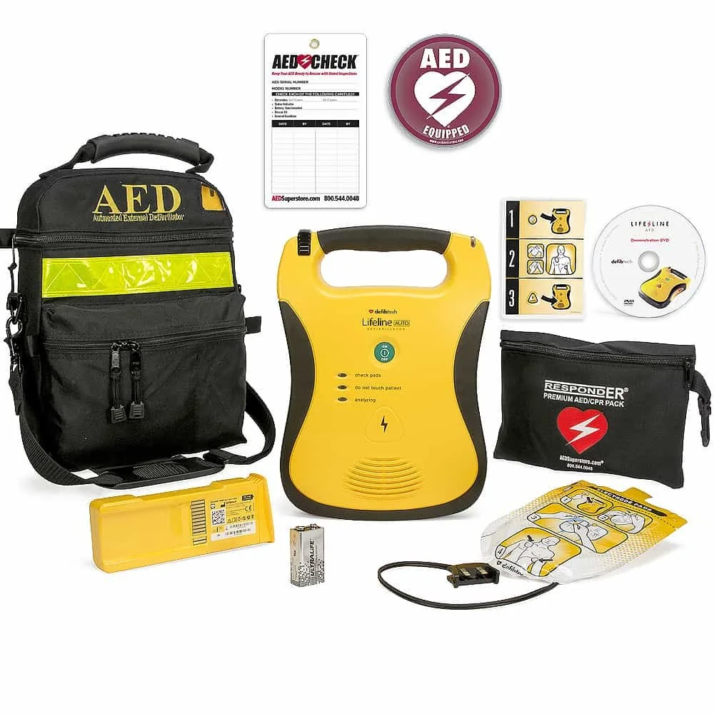 Defibtech Lifeline AED complete kit with carrying case, electrode pads, and responder pack